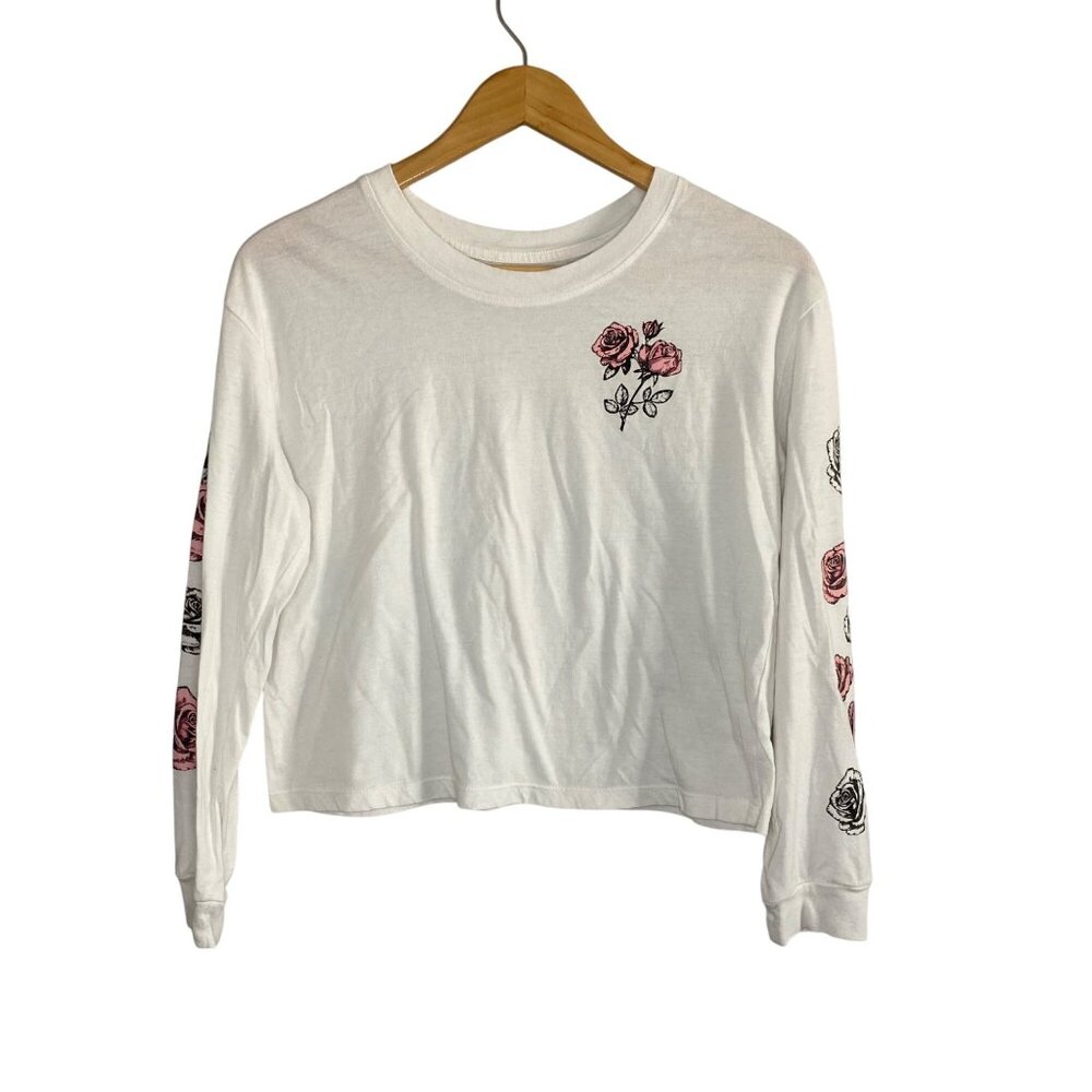 Rebellious One White Rose Long Sleeve Crop Tee